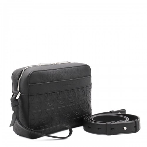 BLACK LEATHER TRAVEL EMBOSSED CROSSBODY BAG