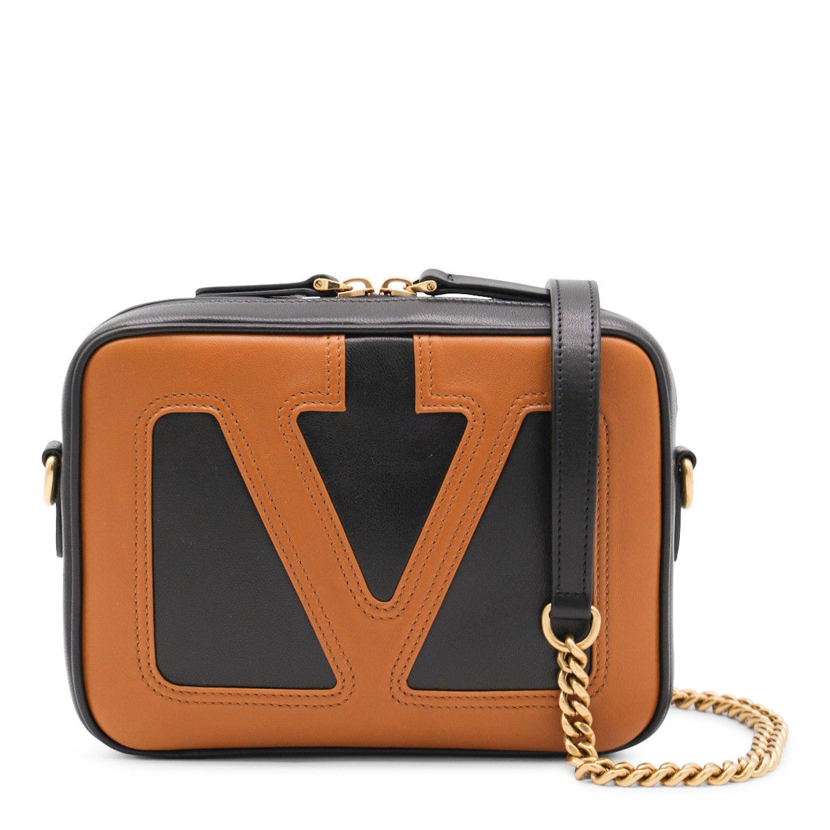 BLACK AND BROWN LEATHER CROSSBODY BAG