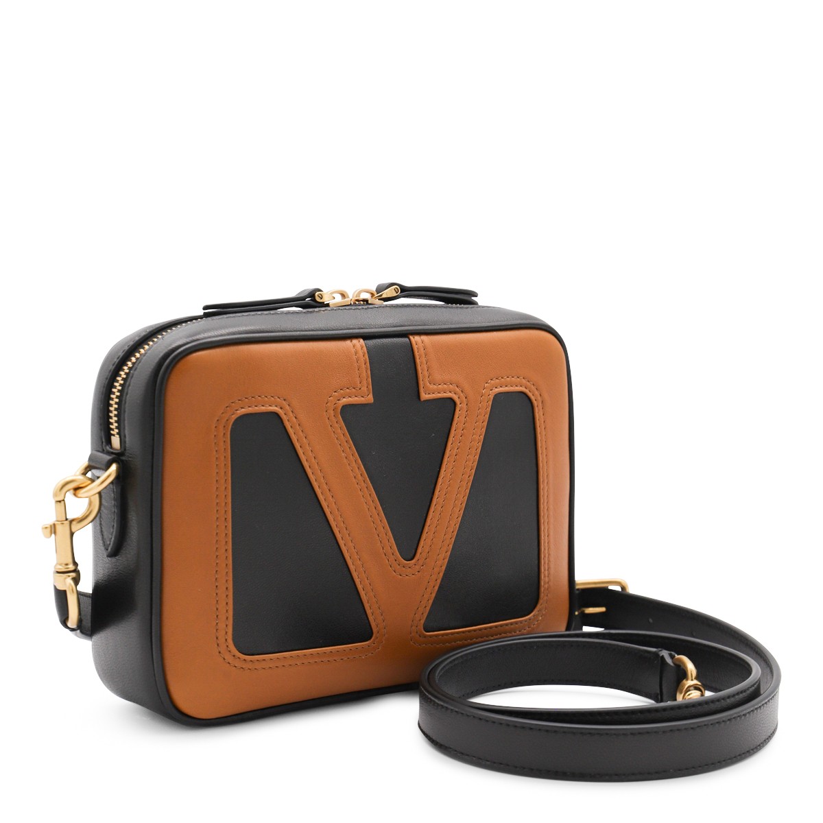 BLACK AND BROWN LEATHER CROSSBODY BAG