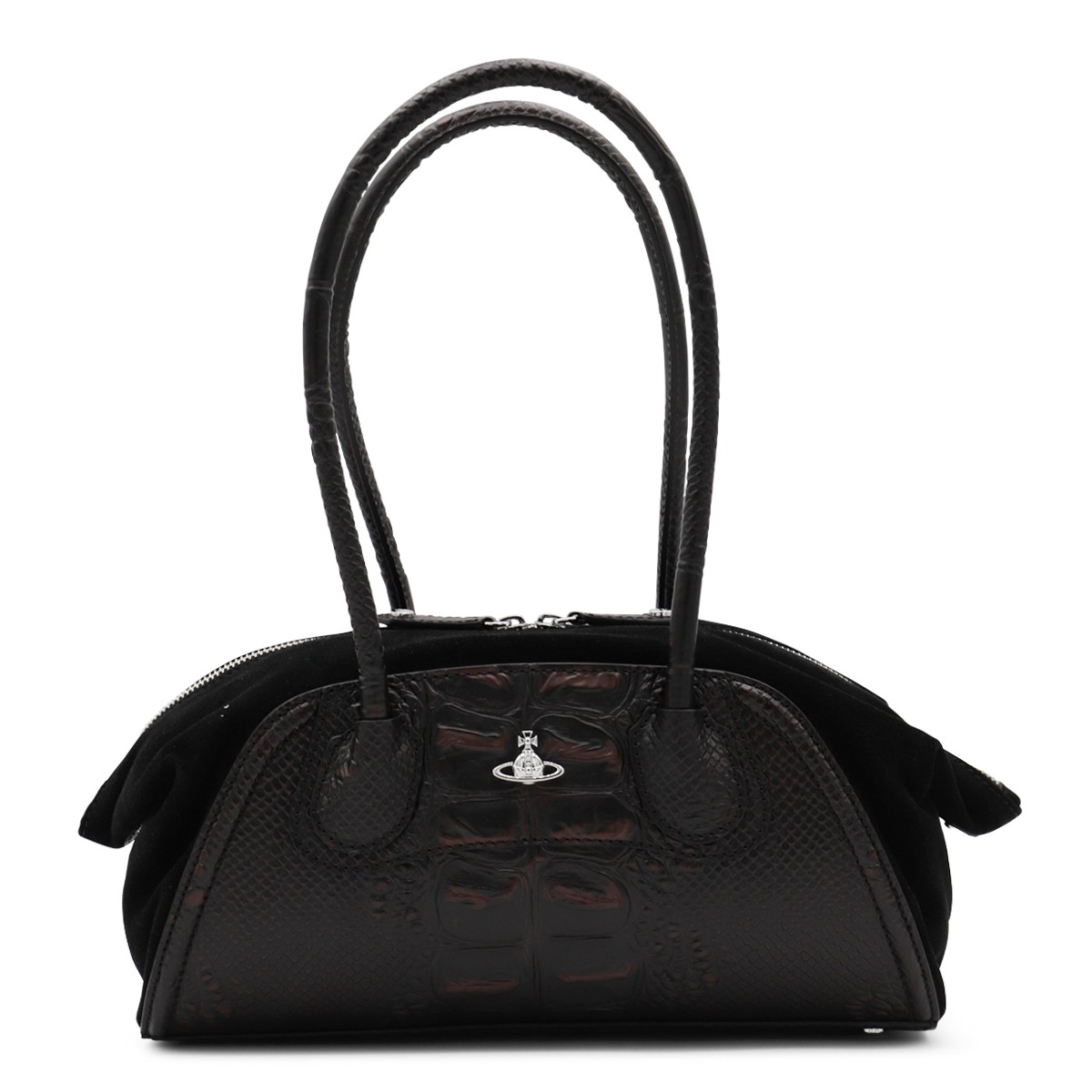 BLACK AND BROWN LEATHER TOP HANDLE BAG