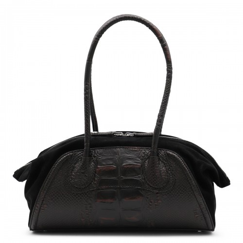 BLACK AND BROWN LEATHER TOP HANDLE BAG