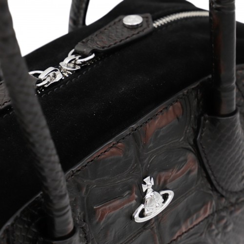 BLACK AND BROWN LEATHER TOP HANDLE BAG