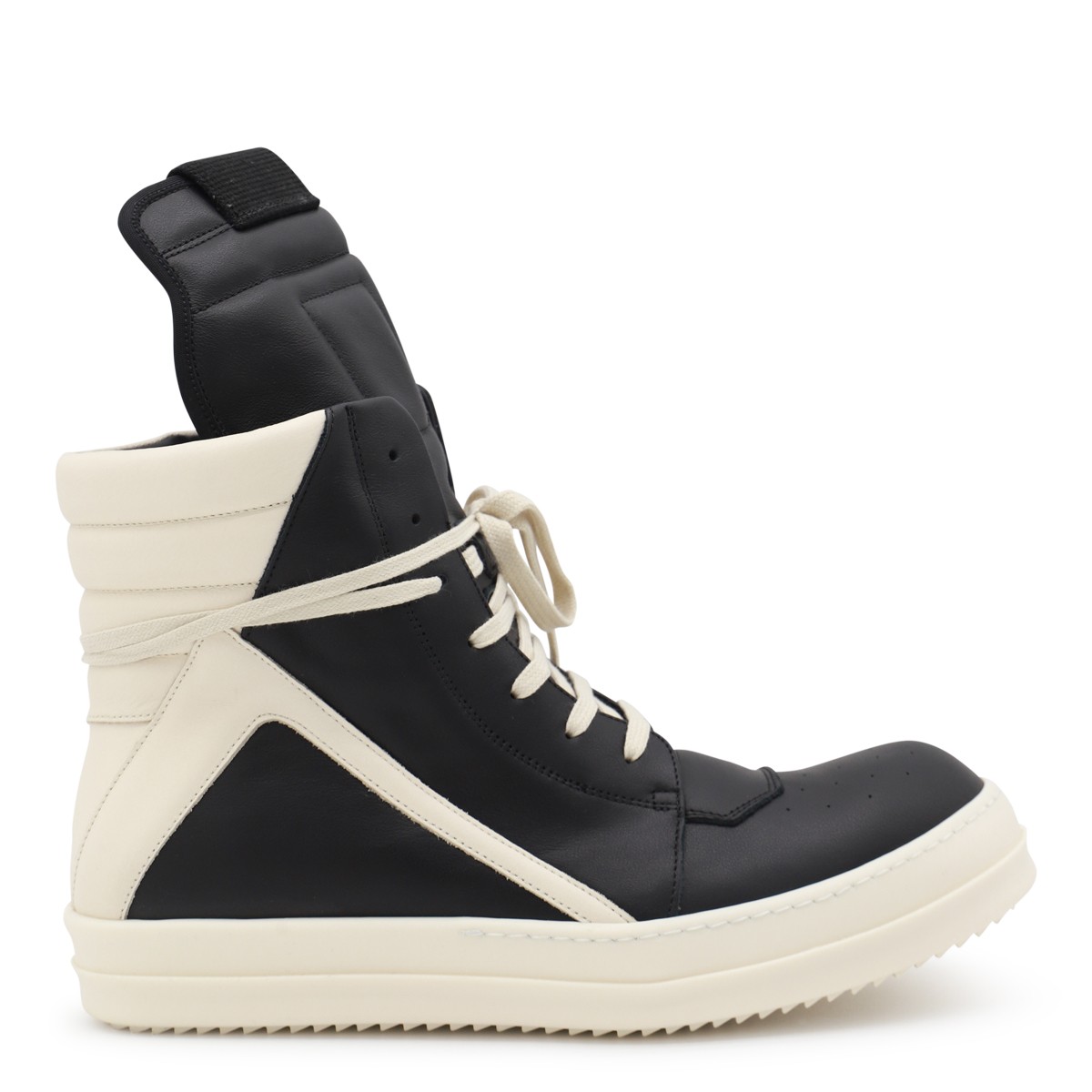 BLACK AND WHITE LEATHER GEOBASKET SNEAKERS