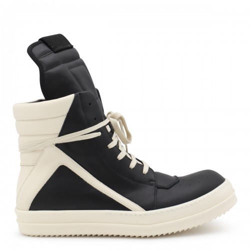 BLACK AND WHITE LEATHER GEOBASKET SNEAKERS