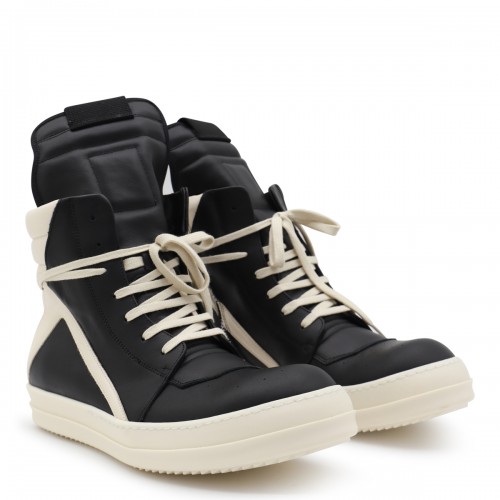 BLACK AND WHITE LEATHER GEOBASKET SNEAKERS