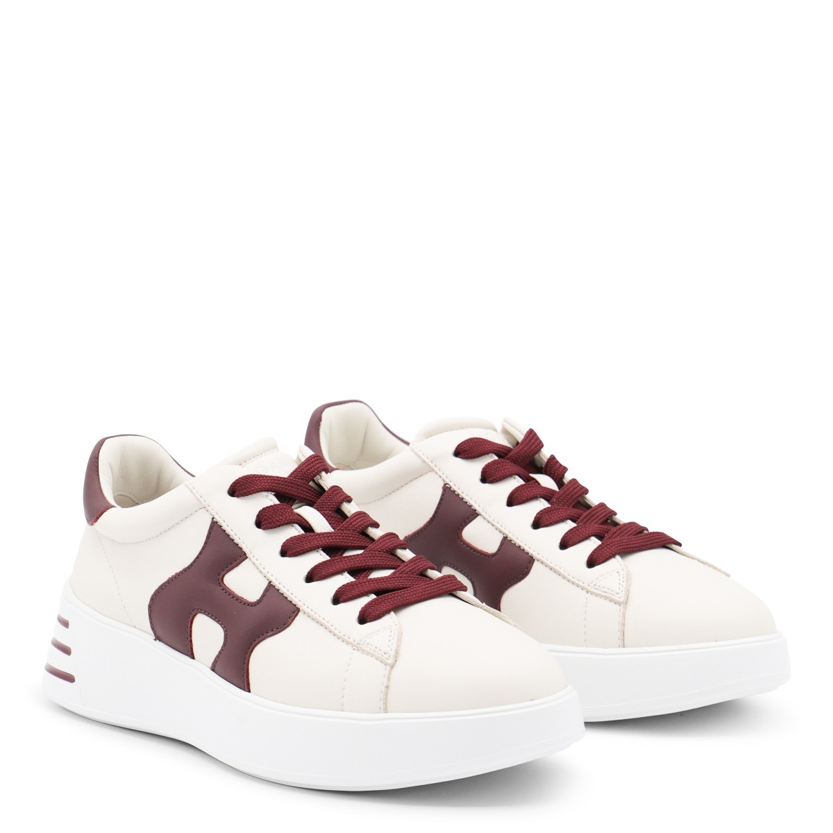 WHITE AND BURGUNDY LEATHER SNEAKERS