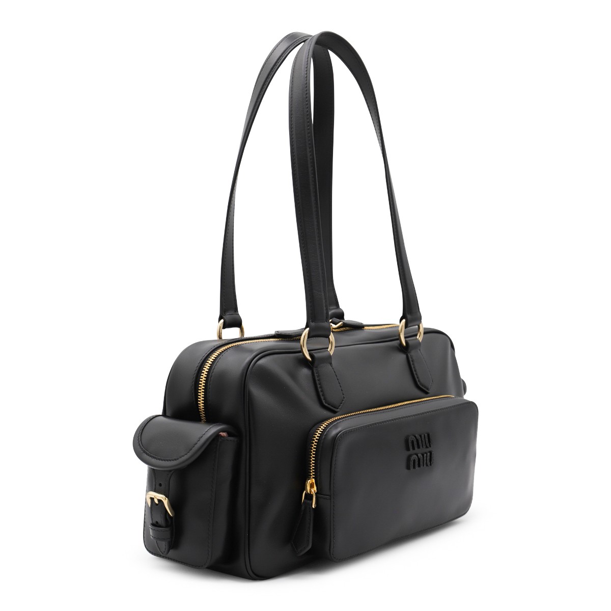 BLACK LEATHER POCKET SHOULDER BAG