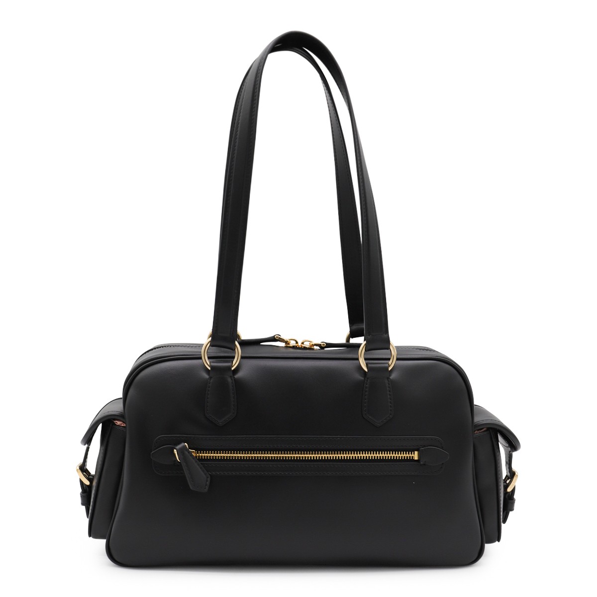 BLACK LEATHER POCKET SHOULDER BAG