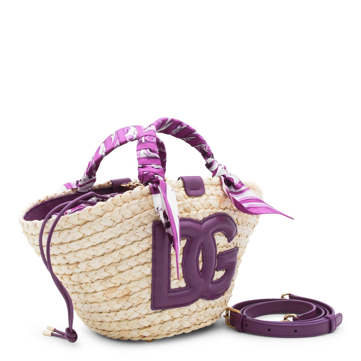 BEIGE AND VIOLET RAFFIA SATCHEL
