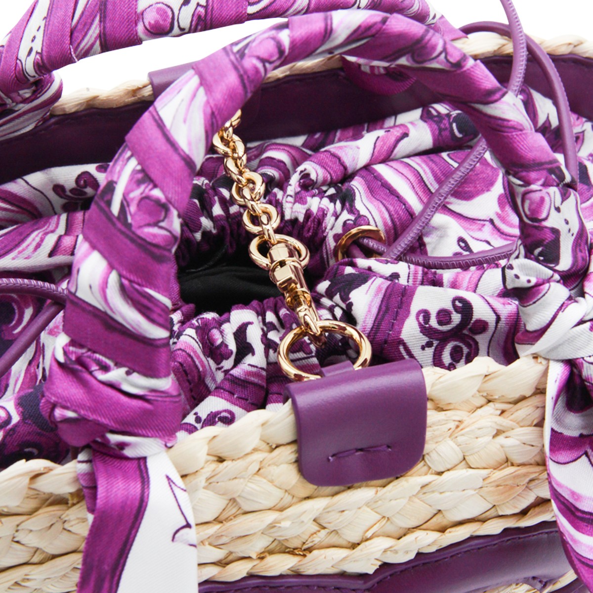 BEIGE AND VIOLET RAFFIA SATCHEL