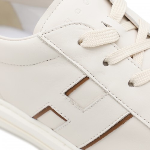 WHITE AND BROWN LEATHER H691 SNEAKERS