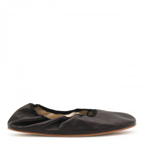 BLACK LEATHER ROUND BALLET FLATS