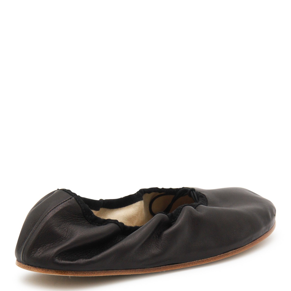 BLACK LEATHER ROUND BALLET FLATS