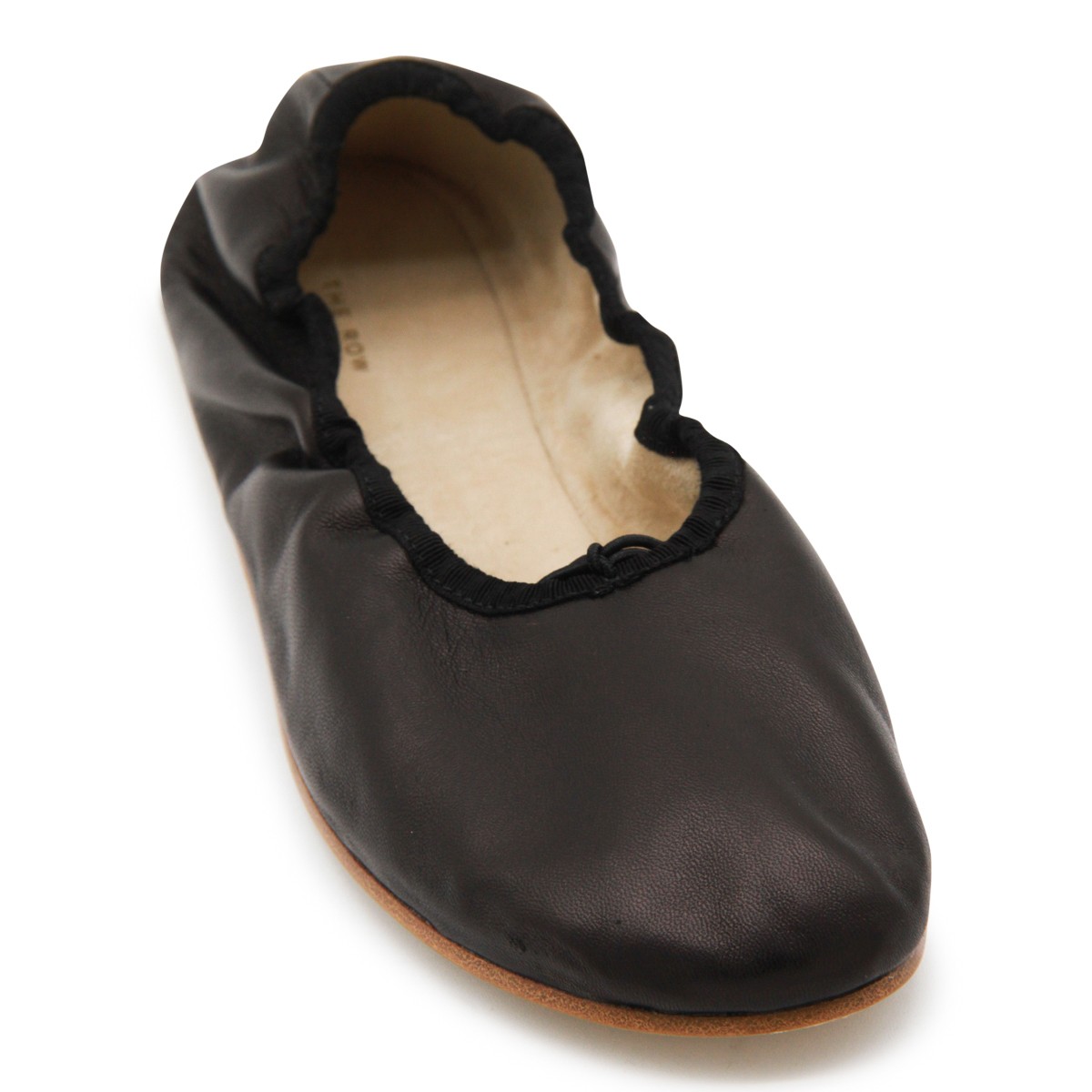 BLACK LEATHER ROUND BALLET FLATS
