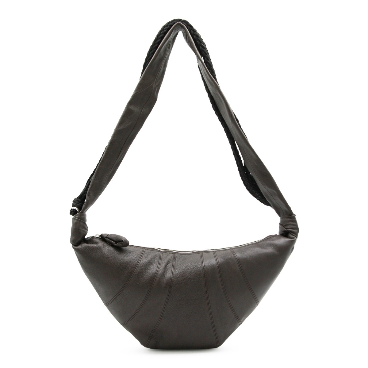 BLACK LEATHER BRAID MEDIUM CROISSANT SHOULDER BAG