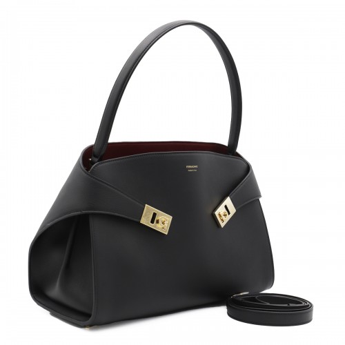 BLACK LEATHER HUG S TOP HANDLE BAG