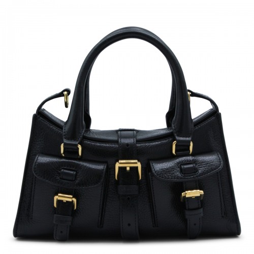 BLACK LEATHER MINI ROXANNE HIGH SHINE TOP HANDLE BAG