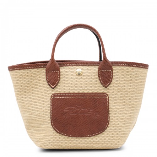 BEIGE AND BROWN RAFFIA LE PANIER PLIAGE XS TOTE