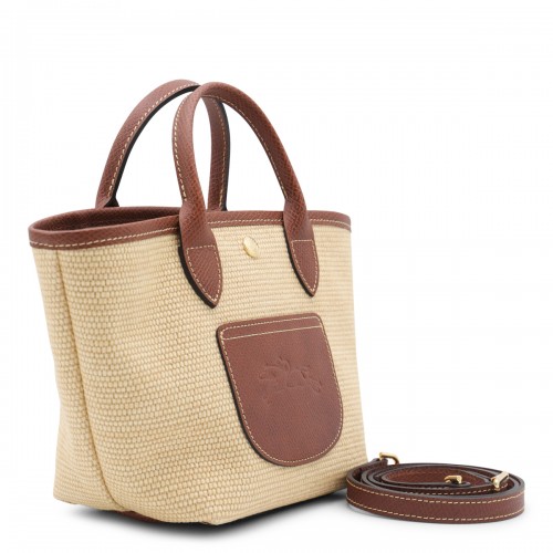 BEIGE AND BROWN RAFFIA LE PANIER PLIAGE XS TOTE