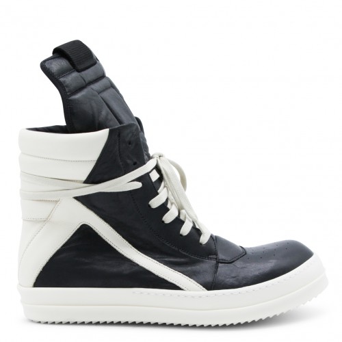 BLACK AND WHITE LEATHER GEOBASKET SNEAKERS