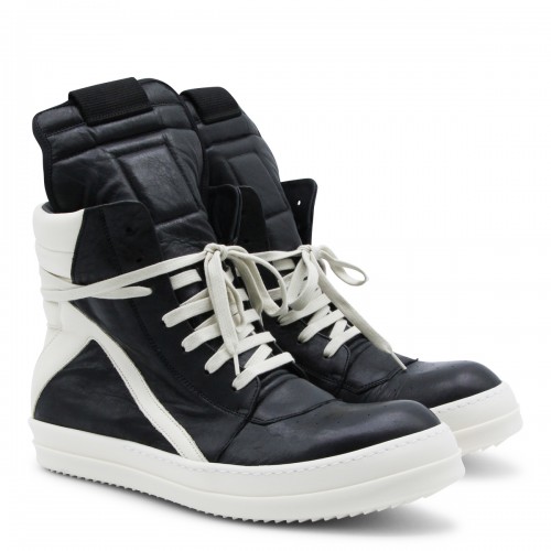 BLACK AND WHITE LEATHER GEOBASKET SNEAKERS