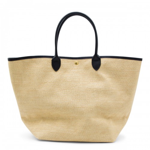 BEIGE AND BLACK RAFFIA LE PANIER PLIAGE L TOTES
